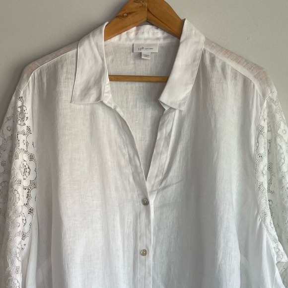 J Jill Love Linen Long Lace Sheer Sleeves Button Down Top Size 3X‎ White Coastal - Picture 2 of 14